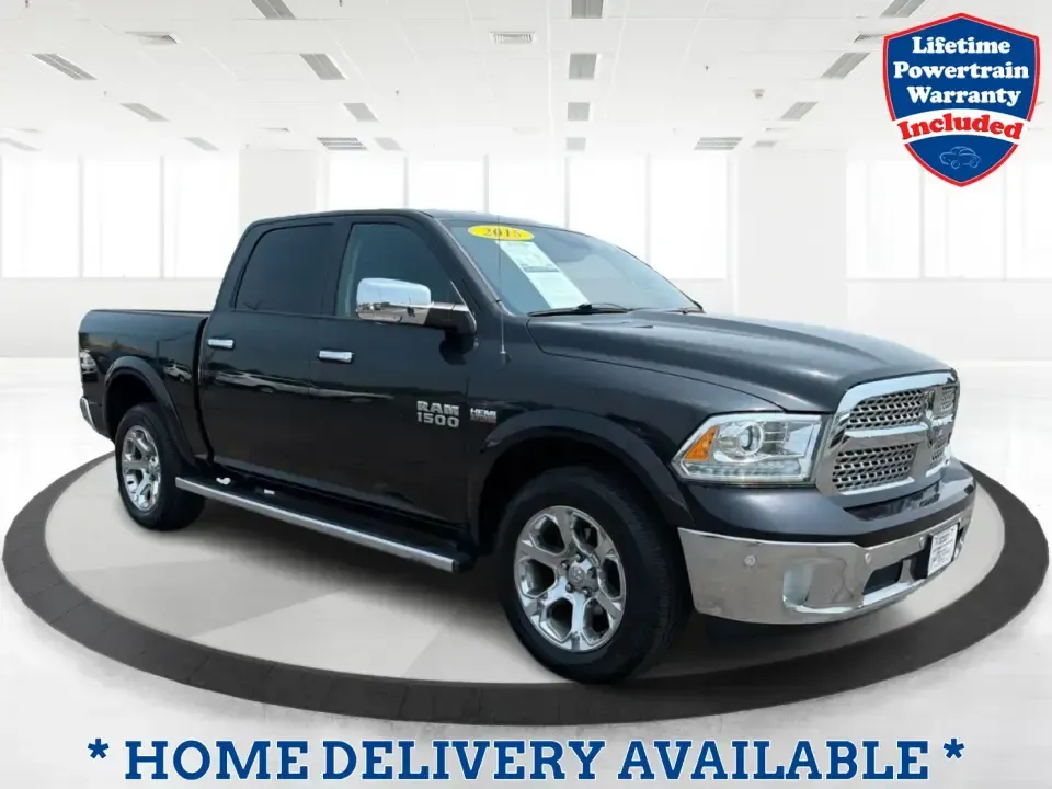 2015 Ram 1500 Laramie Crew Cab SWB 4WD (1C6RR7NT8FS) with an 5.7L V8 OHV 16V engine, 6-Speed Automatic transmission, located at 880 E. National Road, Vandalia, OH, 45377, (937) 908-9800, 39.891918, -84.183594 - Ready for a truck that can handle weekday work, weekend lake runs, and winter weather on the way up I75? This 2015 Ram 1500 Laramie Crew Cab SWB 4WD brings V8 strength, upscale comfort, and four-door practicality-ideal for commuters heading toward Dayton, families with busy schedules, and outdoor en- Photo#0